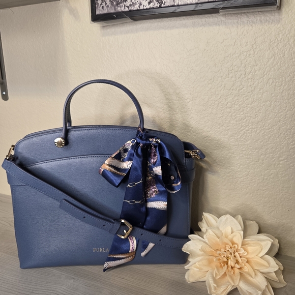 Furla Blue Handbag with Scarf Accent - Picture 11 of 13